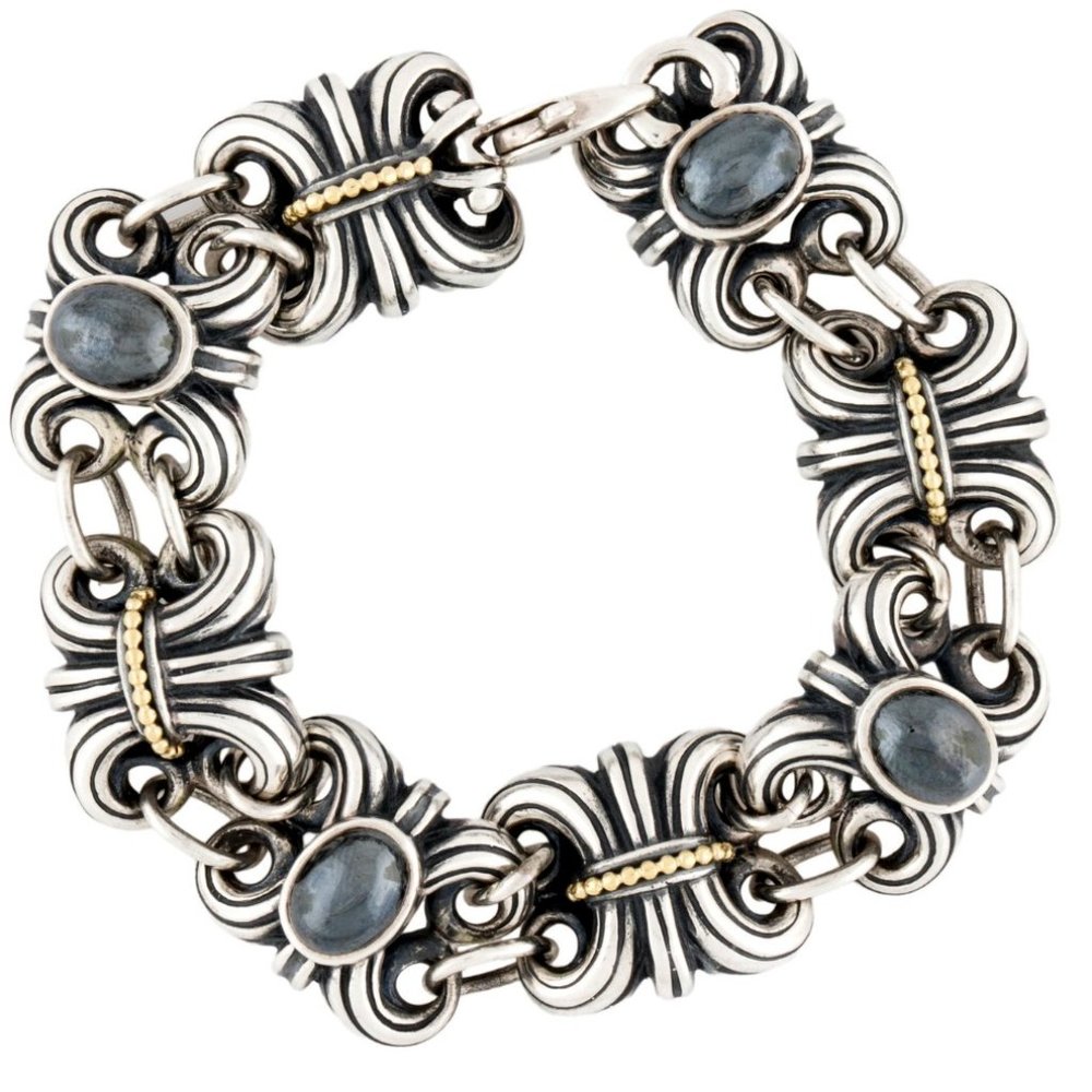 LAGOS STERLING SILVER & 18K YELLOW GOLD HEMATITE FLEUR DE LIS LINK BRACELET - Picture 1 of 10